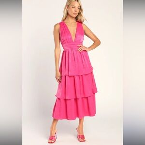 Lulus Peak Party Vibe Hot Pink Satin Tiered Tie-Back Midi Dress - size XL